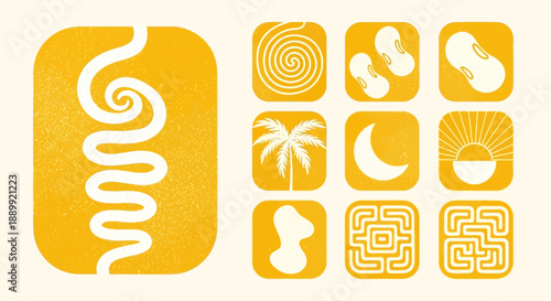 A collection of abstract symbols and icons in a grid layout, featuring various shapes and designs in a minimalist style