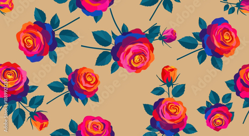 Vibrant floral pattern with roses and leaves on a warm background viewed from above