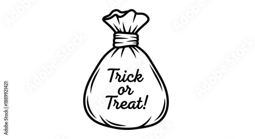 A black and illustration of a trick or treat bag on white