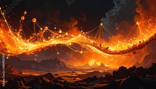 Lava Flow at Night with Fiery Sparks.