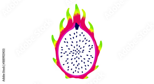 Dragon Fruit Illustration with Flames on White Background from Front View