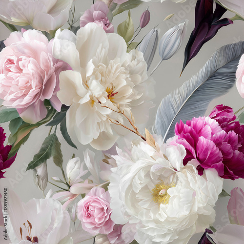 Seamless pattern, Beautiful flower arrangement shows peonies, roses, and tulips on a light background in spring setting