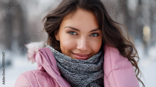 Faceless portrait of beautiful dark-haired young happy woman in pink coat walking in snow-covered park, winter holidays, seasonal outdoor enjoyment, cold weather leisure, defocused person, with