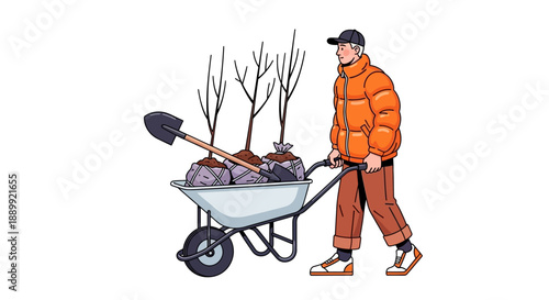 Man in orange attire pushes a wheelbarrow with plants and a shovel in a garden scene