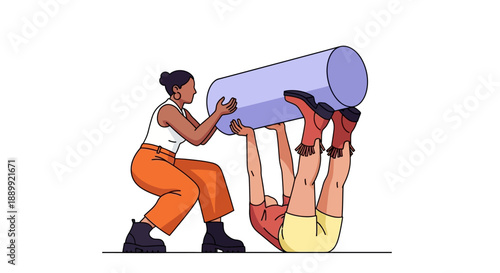 People lifting large cylindrical object together in a collaborative effort, viewed from the side