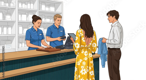 Customers purchasing clothing at a retail store counter with sales staff