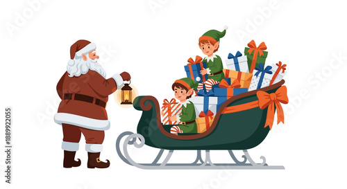 Santa Claus inspecting gifts with elves in a sleigh full of presents on a winter night