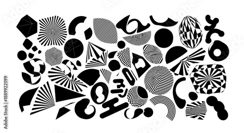 Monochrome geometric forms composition showcasing a diverse range of abstract shapes and optical