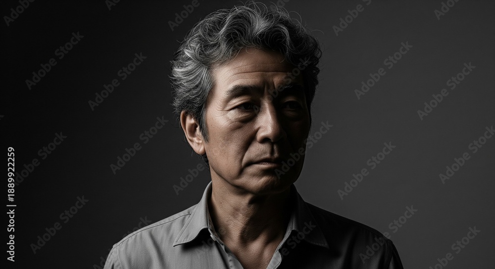 Obraz premium 落ち着いた表情と知的な雰囲気が漂う、緩めパーマが似合う60代日本人男性のモノクロポートレート