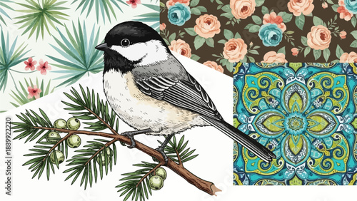 A black-capped chickadee perched on branch amidst floral patterns and foliage, digital illustration