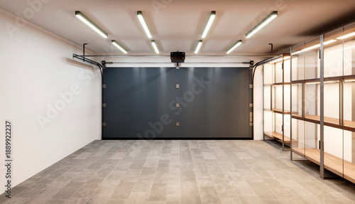 Contemporary Garage with Glass Shelving 3d Rendering