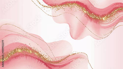 Soft ethereal pink watercolor background with elegant golden glitter splashes and delicate flowing lines, creating a luxurious and artistic texture