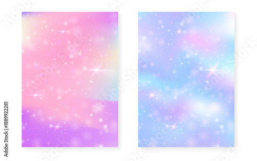 Unicorn background with kawaii magic gradient. Princess rainbow hologram. Holographic fairy set. Bright fantasy cover. Unicorn background with sparkles and stars for cute girl party invitation.