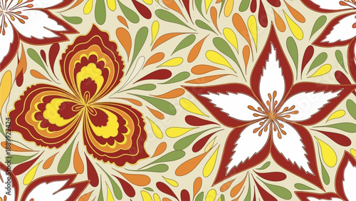 Vibrant floral pattern with stylized flowers and leaves in a kaleidoscope of colors