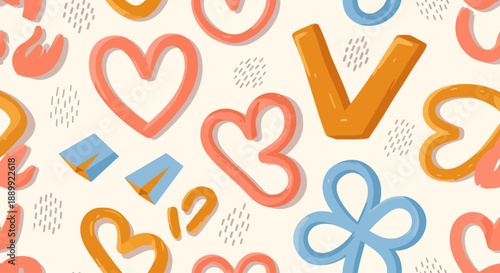 Man working on computer with letters and hearts surrounding him in a creative workspace environment from a top-down viewpoint