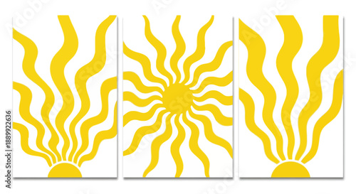 Triptych artwork featuring stylized sunburst designs with yellow rays emanating from a central point in a modern illustration style