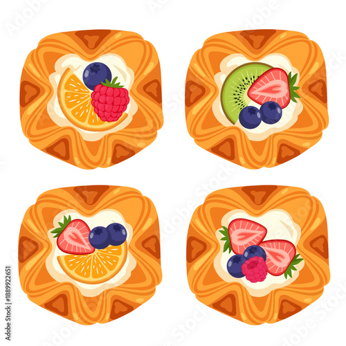 Set of Danish Pastries with Fresh Fruit Toppings Vector Illustration