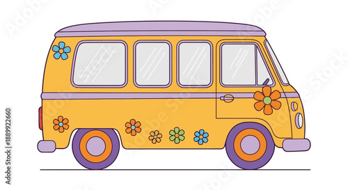 Vibrant yellow van adorned with colorful flowers drives down the road, symbolizing freedom and adventure, viewed from the side on a plain white background.