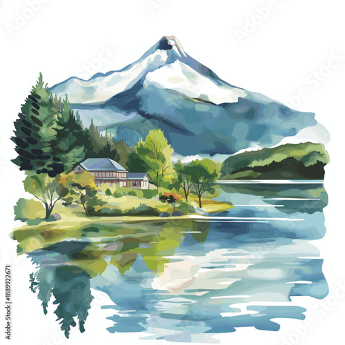 Lake District - Villarrica. Lake District - Villarrica hand drawn watercolor illustration