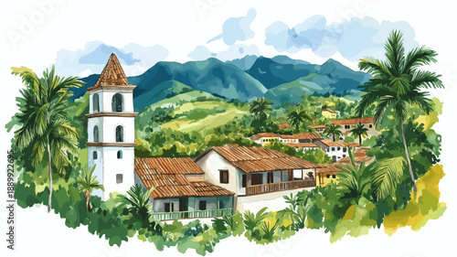 Coffee Cultural Landscape - Eje Cafetero. Coffee Cultural Landscape - Eje Cafetero hand drawn watercolor illustration