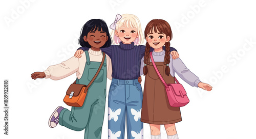 Three young women standing together, smiling and embracing, showcasing friendship and unity, captured in a digital illustration from a frontal viewpoint.