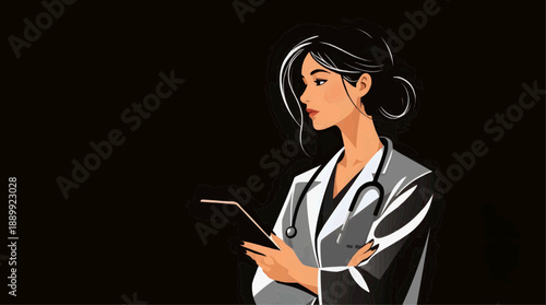 Vector image, flat illustration - Female doctor in white coat holding a tablet and looking thoughtful  
