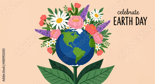 Earth Day celebration illustration featuring a globe with flowers and leaves