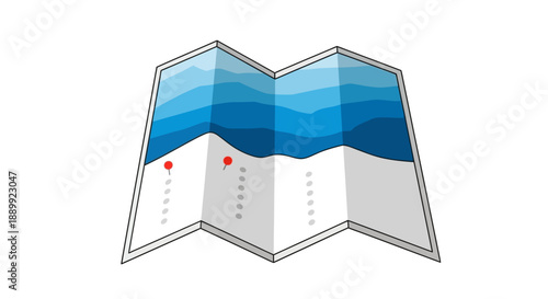 A folded map illustration featuring a blue ocean and landmass with red markers indicating specific locations from a top-down viewpoint