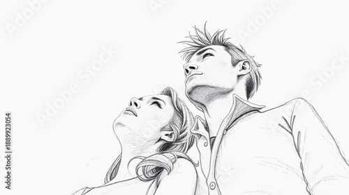 Vector image, flat illustration - Young couple looking up thoughtfully in monochrome sketch style  