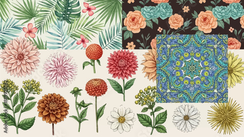 Vibrant floral arrangements and foliage patterns displayed in a diverse botanical illustration from various viewpoints