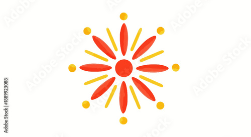 A stylized flower graphic with red-orange petals and yellow accents centered on a plain surface