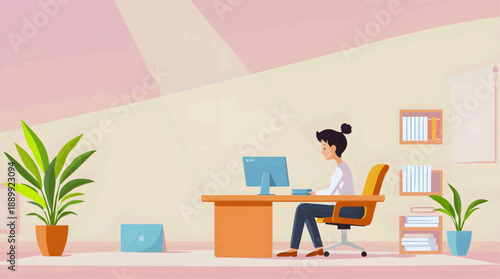 Vector image, flat illustration - A young woman with a ponytail is working at a computer in a home office where there are plants