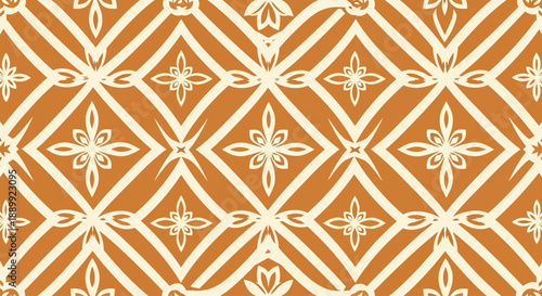 Geometric pattern featuring diamond shapes and floral motifs in orange and white hues, showcasing symmetry and repetition