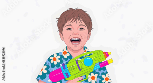 Vector image, flat illustration - A child in a bright flowered shirt with a water pistol in his hands
