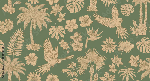 A serene tropical paradise scene with birds, flowers, and palm trees, illustrated in a seamless pattern from an overhead viewpoint.