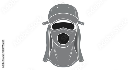 A mannequin head illustration wearing a face mask and baseball cap viewed from the front.