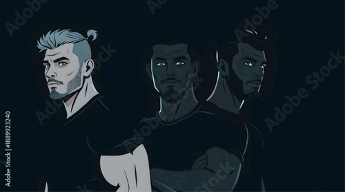 Vector image, flat illustration - Three male characters in dark clothing with stylized features  