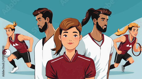 Vector image, flat illustration - Young athletes engaged in various sports with colorful backgrounds  