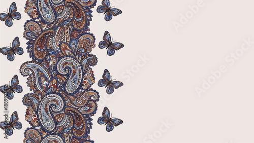 Ornate border with butterflies and paisley pattern on a decorative edge view