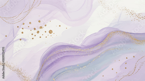 Subtle and artistic watercolor abstract background with flowing purple and blue gradients, speckled with elegant gold accents for a gentle design