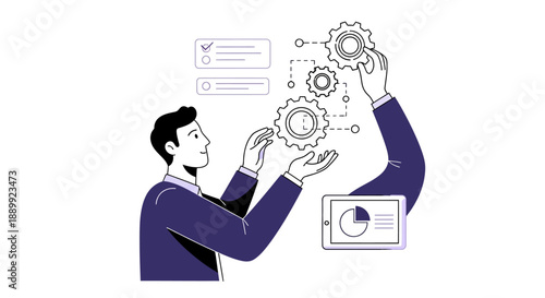 Man manipulating mechanical gears in a futuristic workspace with digital interfaces and analytical charts