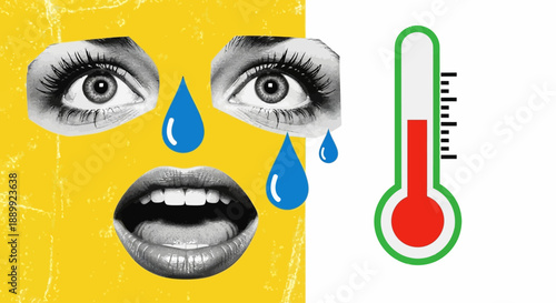 A person experiencing heat distress, sweating profusely with a thermometer nearby indicating high temperature in a graphic illustration