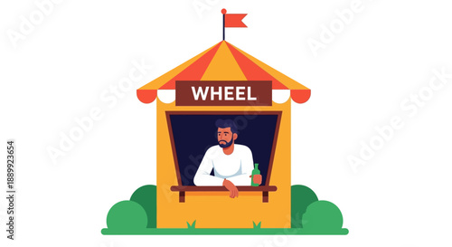 Man operating wheel in a vibrant carnival booth with a striking red and yellow roof, viewed from the front