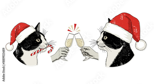 Two cats in Santa hats toasting with champagne glasses