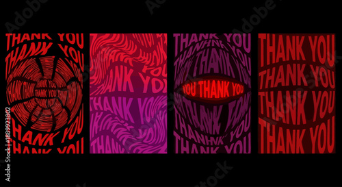 Collage of thank you messages and abstract designs in red and purple hues, layered and textured, viewed from a straightforward perspective