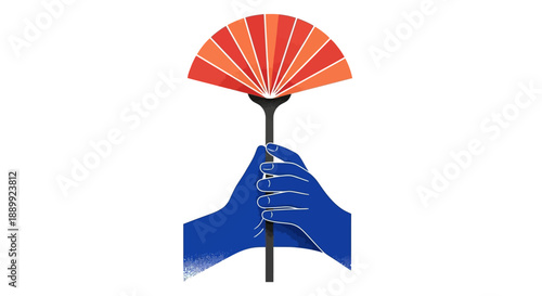 A hand holding an open red fan with fingers wrapped around the handle, centered in the frame.