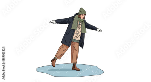 Man balancing on ice patch in winter attire, outdoors, from a front viewpoint