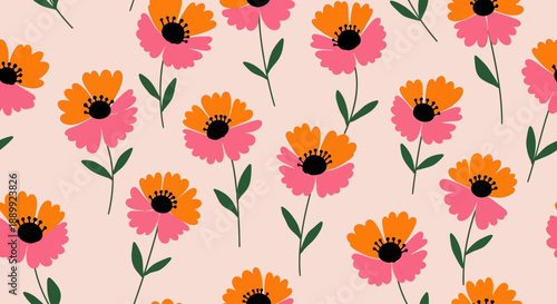 Vibrant floral pattern featuring pink and orange flowers with green leaves on a soft pastel background, viewed from directly above