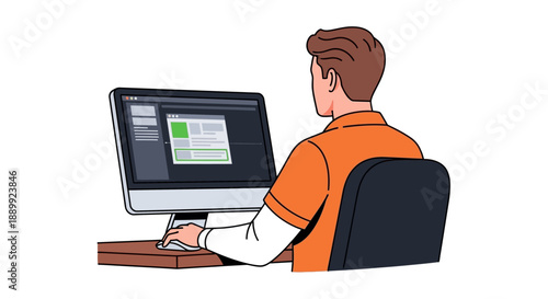 Man working on computer with graphic design software open on the screen in an office environment viewed from behind