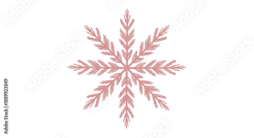 A delicate pink snowflake centered on a clean white background, viewed directly from above, showcasing intricate details and symmetry